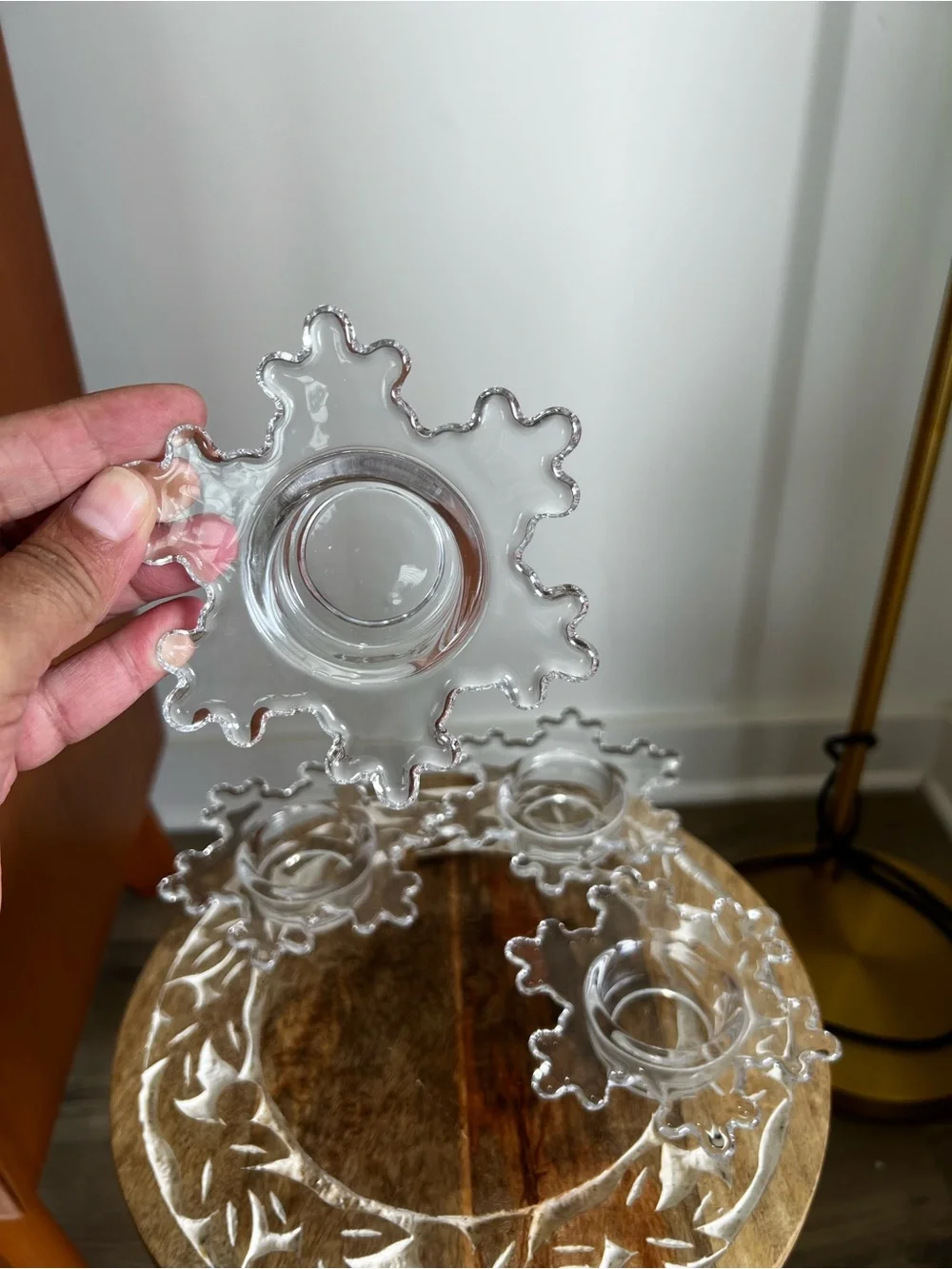Crate & Barrel lot of 4 Clear Glass Snowflake Candle Holder Centerpiece
